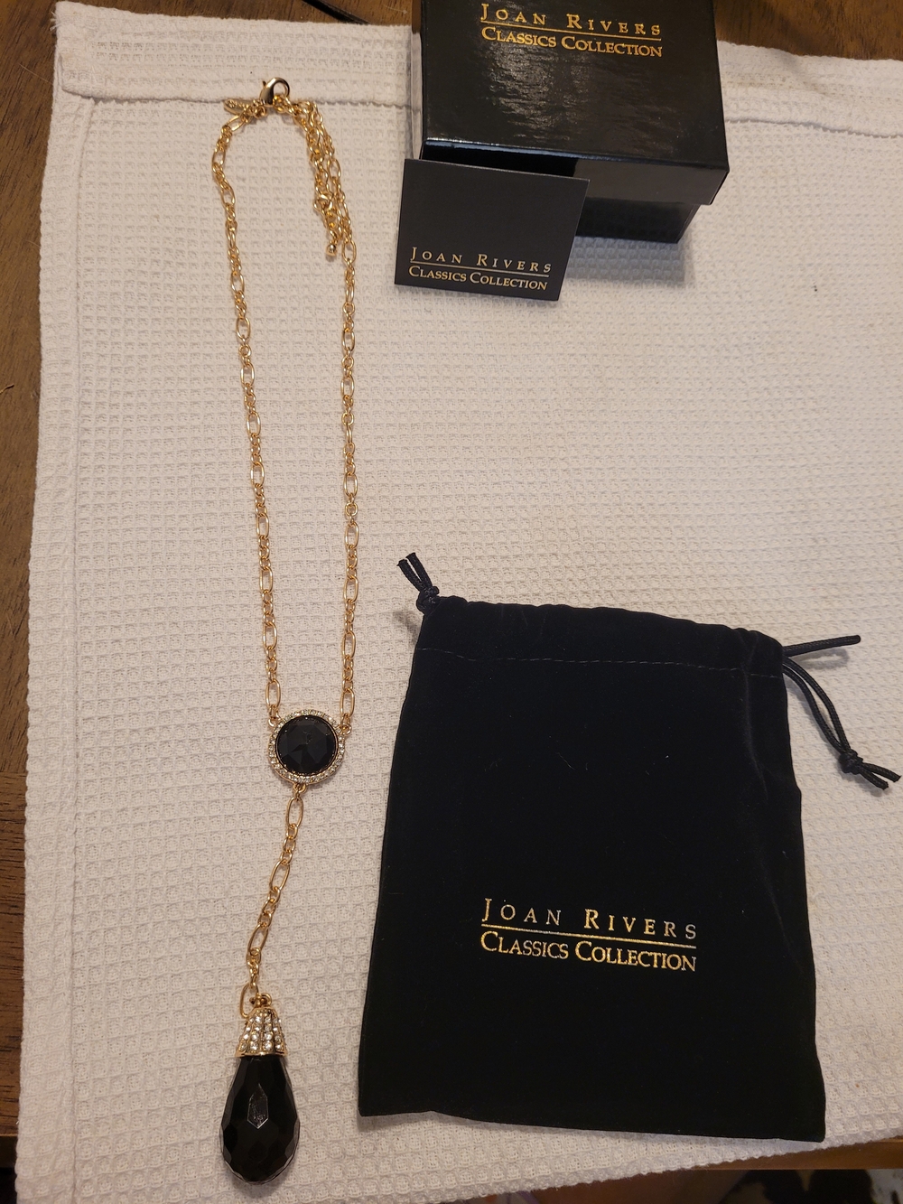 NIB Joan Rivers Classics Collection Black Lucite Crystal Y-Drop 20" Necklace